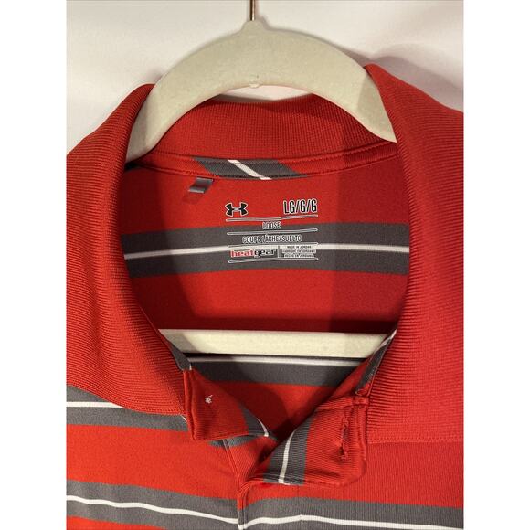 Under Armour Polo Short Adult Large Red Striped Logo Heatgear Short Sleeve Mens - Picture 2 of 3